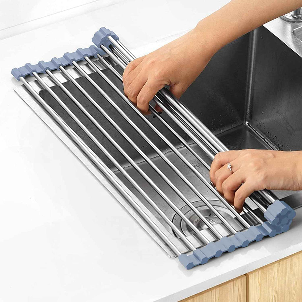 Over the Sink Dish Drying Rack - Foldable Dish Drainer - Stainless Steel - Gray