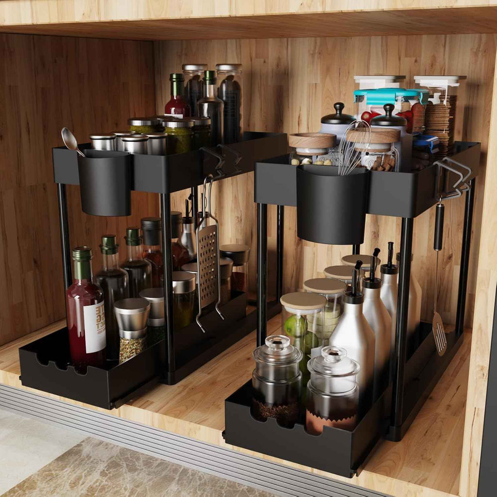 3 Pack Under Sink Organizers and Storage, 2 Tier Bathroom Cabinet Organizer Shelf with Hanging Cups for Kitchen & Bathroom (White)