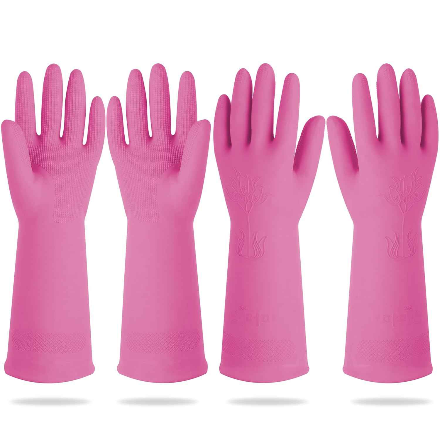 Mamison 2 Pairs Reusable Waterproof Household Dishwashing Cleaning Rubber Gloves, Non-Slip Kitchen Glove (Pink, Medium (Pack of 2))