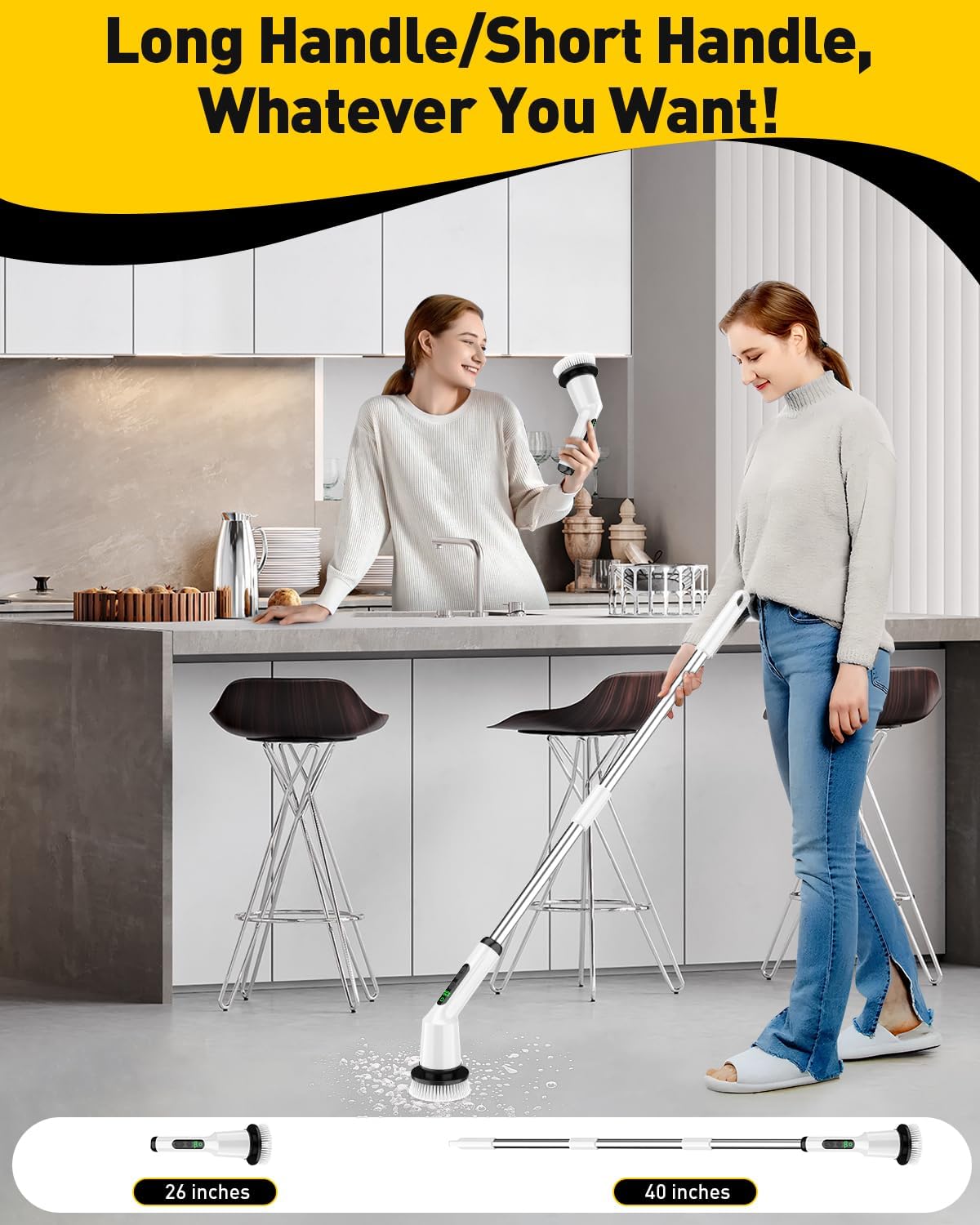 Electric Spin Scrubber for Cleaning Bathroom, Shower Scrubber Cordless Cleaning Brush with IPX7 Waterproof & 2 Speed, 3 Brush Heads, Bathroom Cleaning Supplies for Shower Tub Kitchen Tile Toilet White