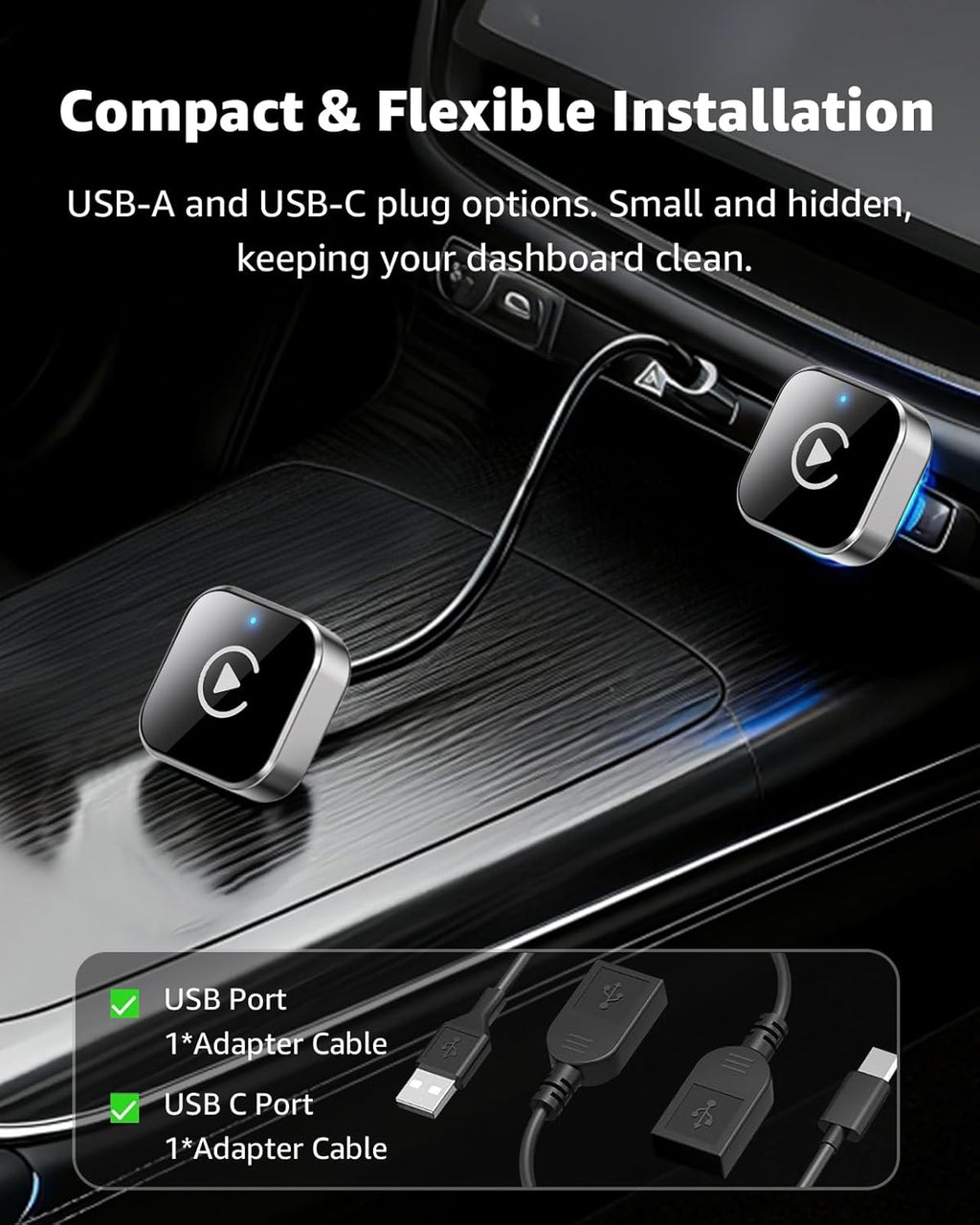 Wireless CarPlay Adapter, CarPlay Wireless Adapter Plug & Play USB/USB-C, 2-in-1 Converts Wired to Wireless CarPlay, Android Auto Wireless Adapter, Compatible with iPhone iOS 10+ & Android Auto