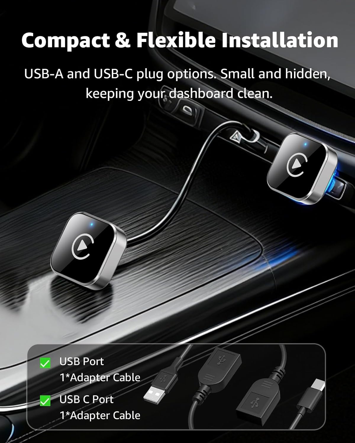 Wireless CarPlay Adapter, CarPlay Wireless Adapter Plug & Play USB/USB-C, 2-in-1 Converts Wired to Wireless CarPlay, Android Auto Wireless Adapter, Compatible with iPhone iOS 10+ & Android Auto