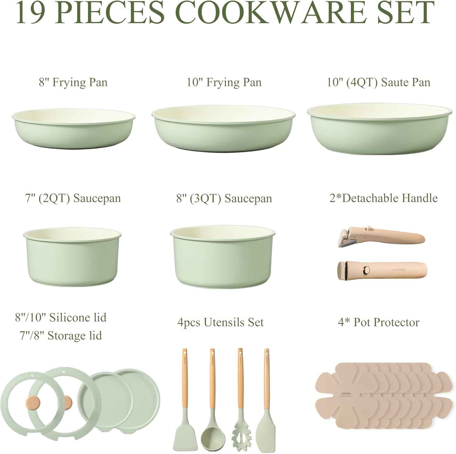 CAROTE 19pcs Nonstick Cookware Set with Detachable Handle, Induction Ready, Oven Safe, Sage Green, RV Cookware
