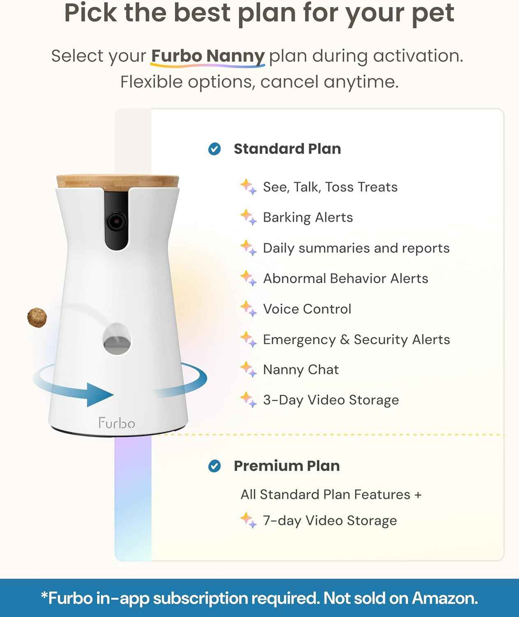 Furbo 360° Dog Camera [Subscription Required] Unlock w/Paid Plan: Home Security & Dog Safety Alerts, Rotating Pet Treat Toss, 2-Way Speaker (Low Risk, 3mo Min. Cancel Anytime)