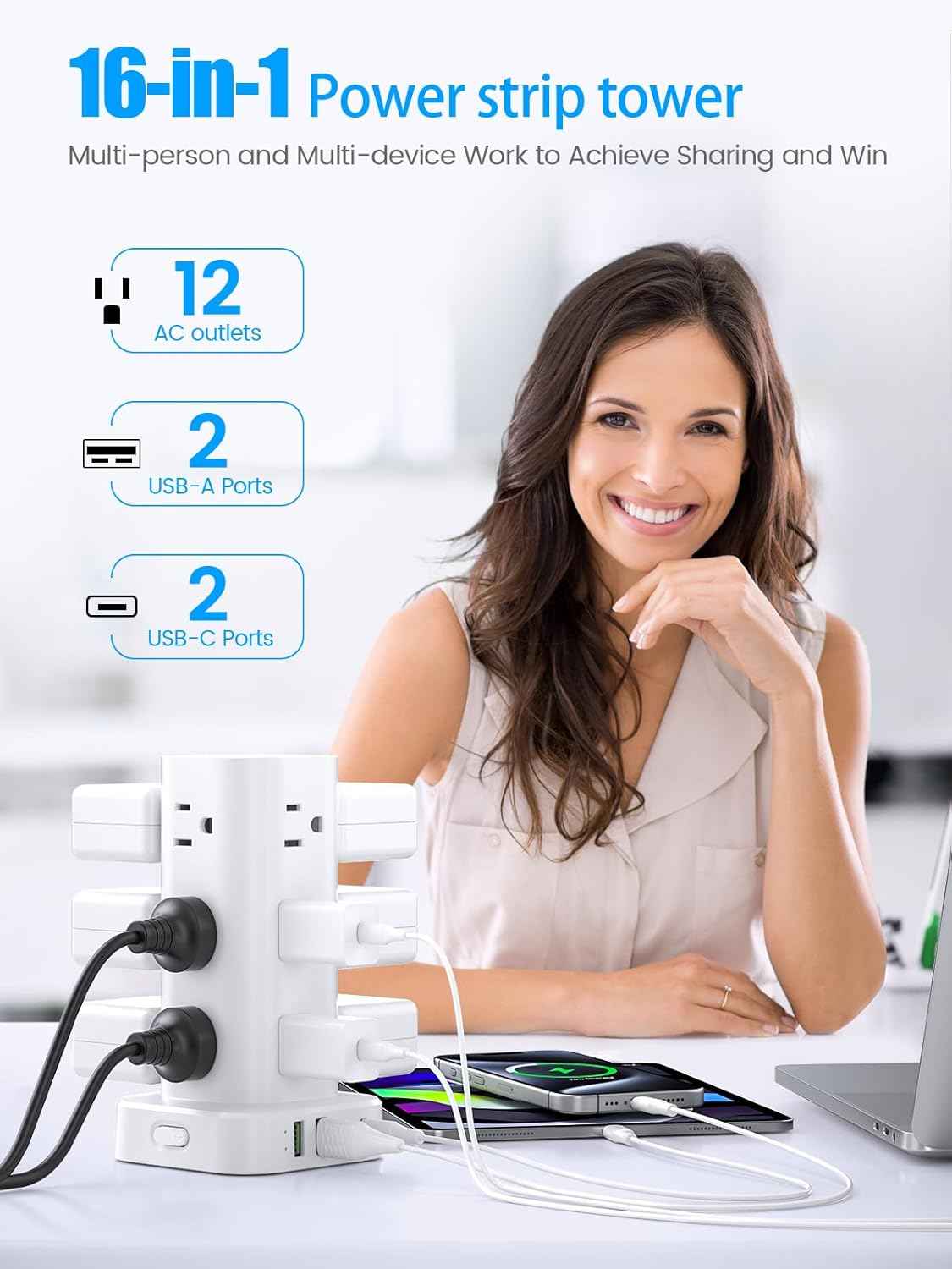 Tower power strip surge protection 6FT flat extension cord with multiple outlets and usb ports white