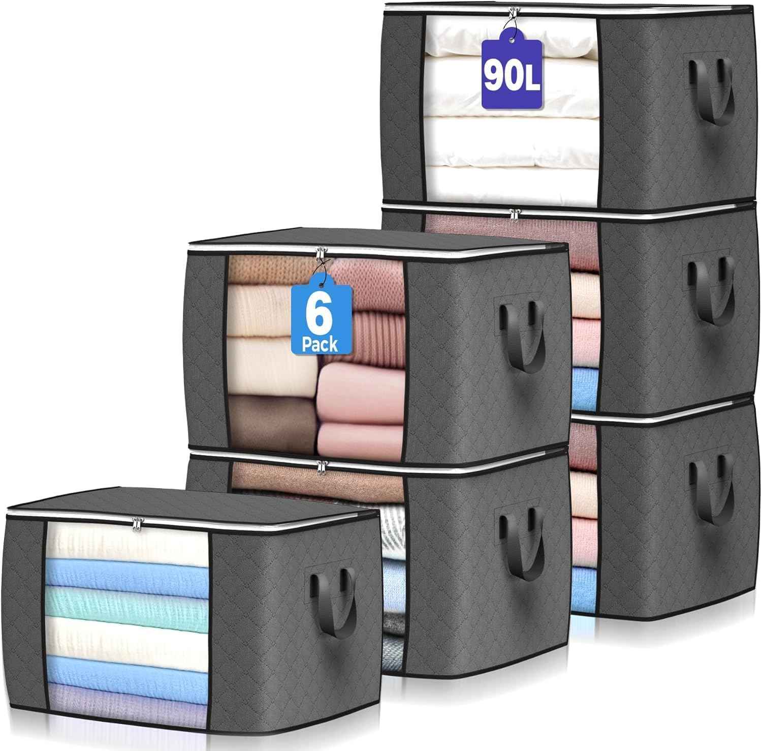 6 Pack Large Foldable Storage Bins with Reinforced Handle for Clothing and Toys (Gray)