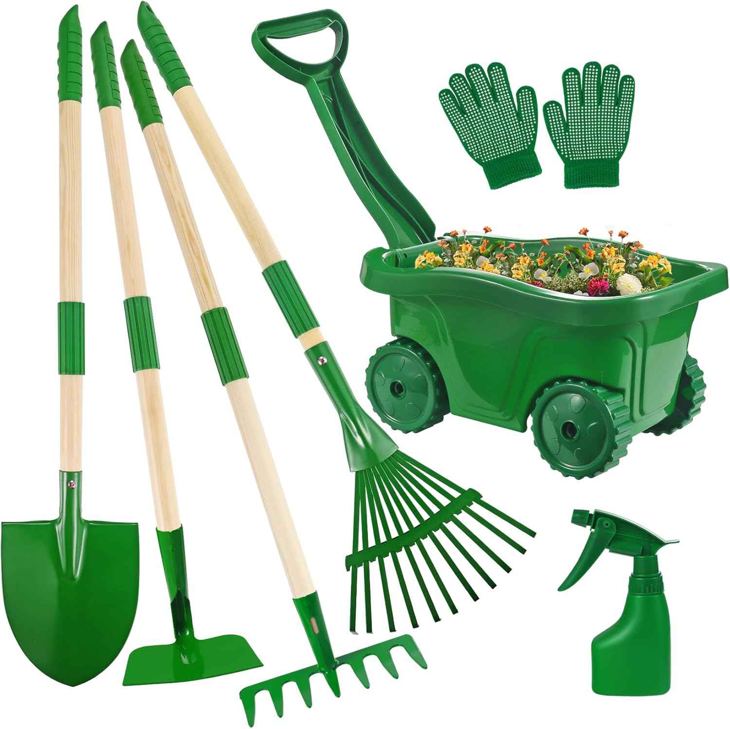 duckura kids gardening tools set 7pcs wheelbarrow set for kids with shovel rake leaf rake summer outdoor yard digging weed birthday gifts toys green