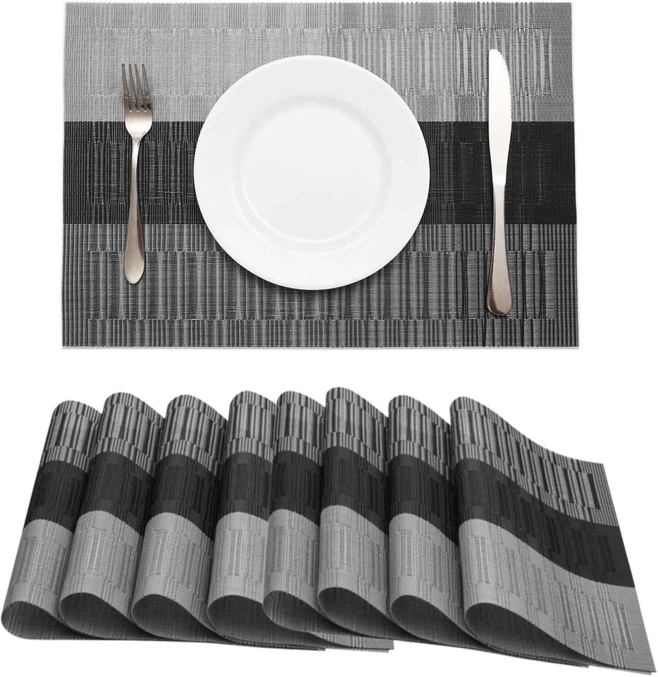 HeloHo Black Placemats Set of 4 Heat-Resistant Washable Place Mats Non-Slip Vinyl Woven Table Mats Wipeable Placemat for Kitchen Dining Table Decoration Indoor Outdoor