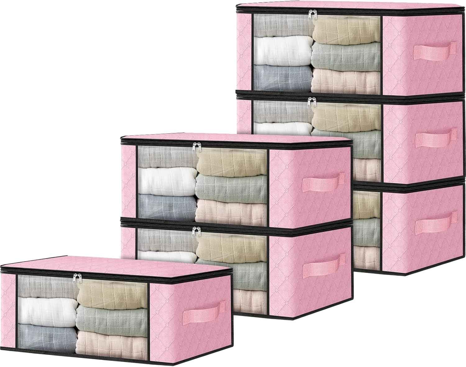 HomeHacks Storage 3-Pack Clothes Organizer Storage Bags Foldable Storage Box with Large Clear Window Sturdy Handles for Closet, Dorm, Pillows, Bedding, Clothes, Blankets, 35L, Gray