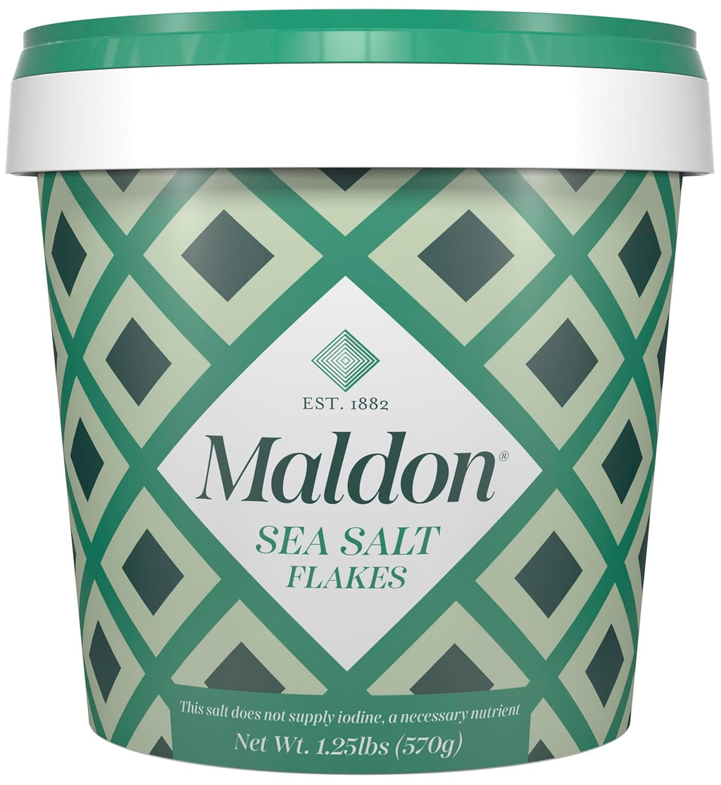 Maldon salt flakes, 20 oz, kosher, natural, pyramid shaped, resealable tub, gourmet, hand-harvested, four generations
