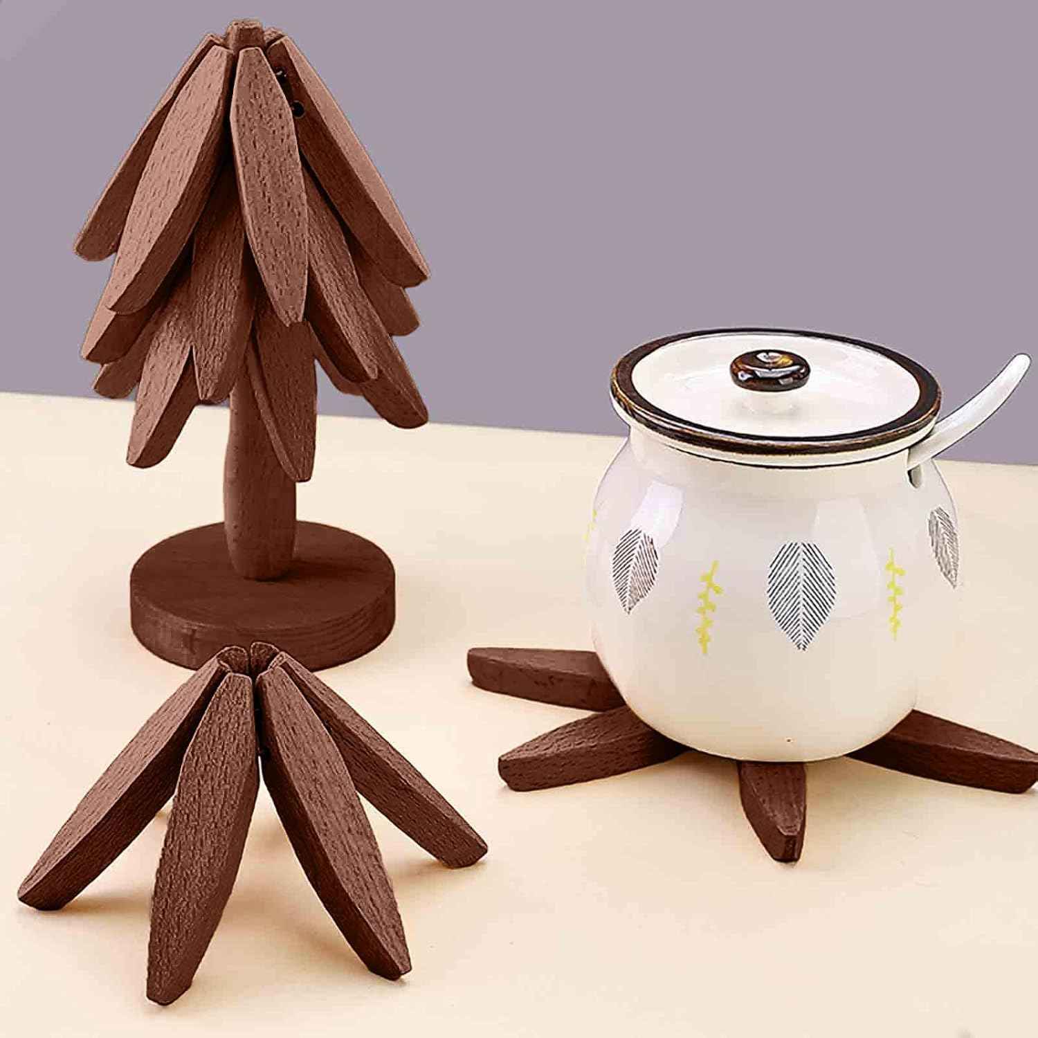 Wooden Tree Shape Coasters and Trivet Set, 4 Wooden Trivets + 1 Stand, Brown