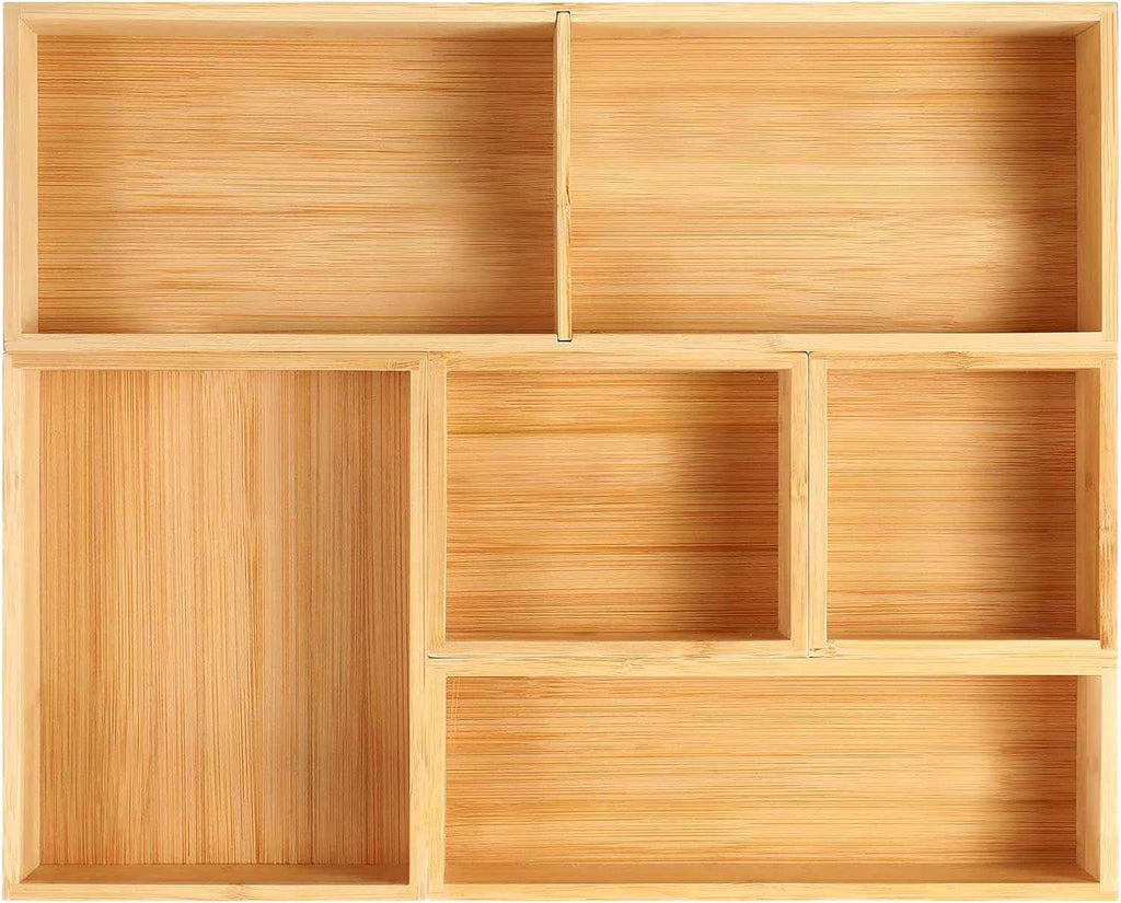 Fabsome Drawer Organizer, Set of 9 Bamboo Wood Kitchen Makeup Desk Junk Tea Drawer Storage Boxes Bins for Cutlery Silverware Utensils Flatware, Small Wooden Container Tray for Bathroom, Office