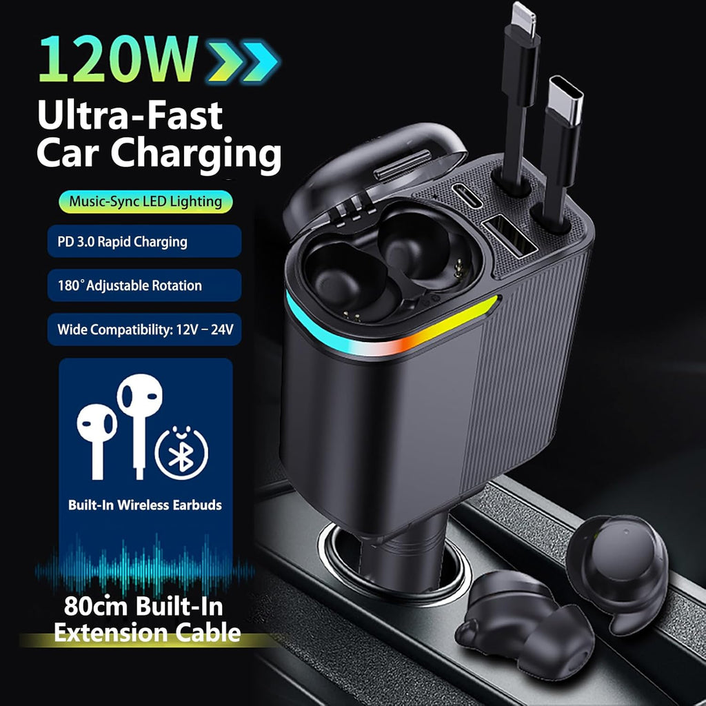MLVOC 120W Fast Charging Car Charger with Earbuds, Retractable 4-in-1 USB-C & Lightning for iPhone & Android (Black) - ShopUS