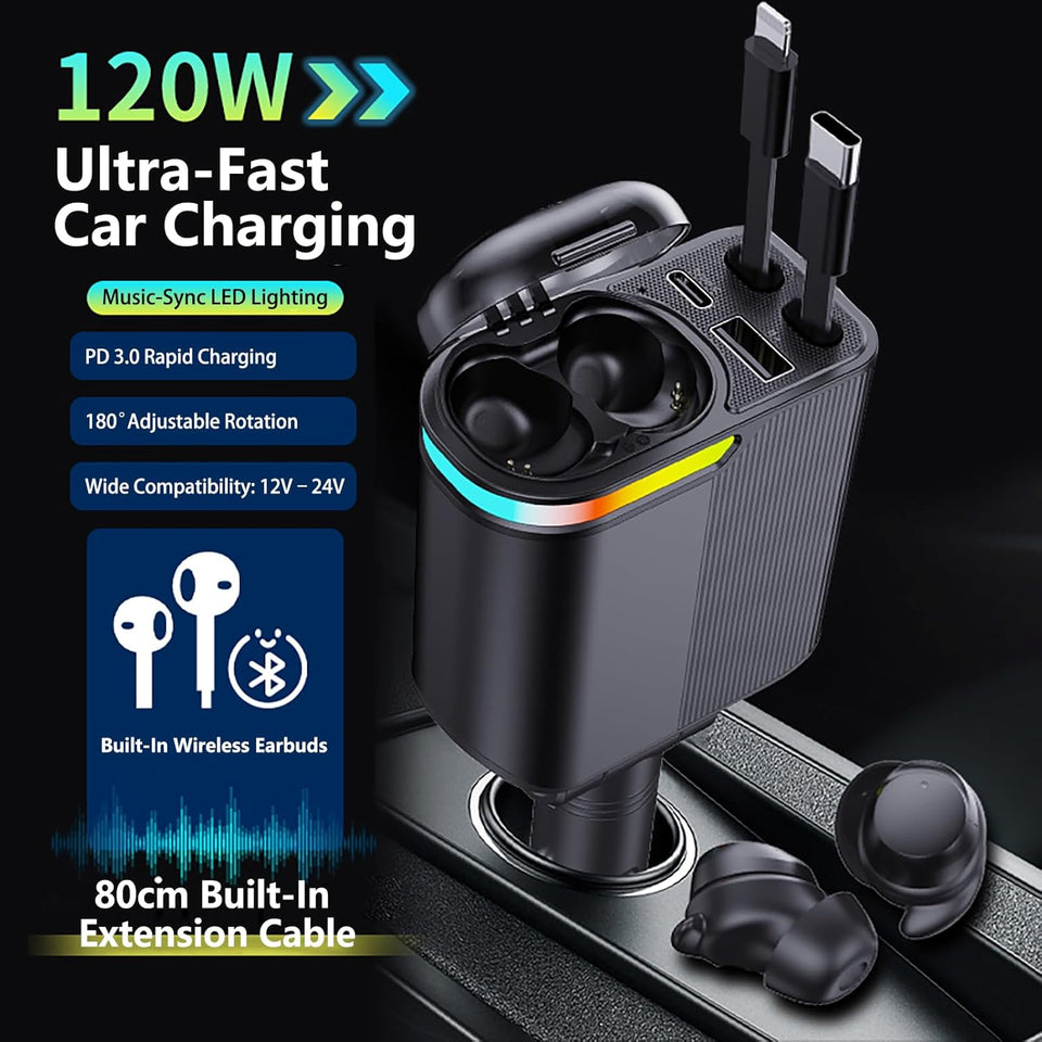 MLVOC 120W Fast Charging Car Charger with Earbuds, Retractable 4-in-1 USB-C & Lightning for iPhone & Android (Black) - ShopUS