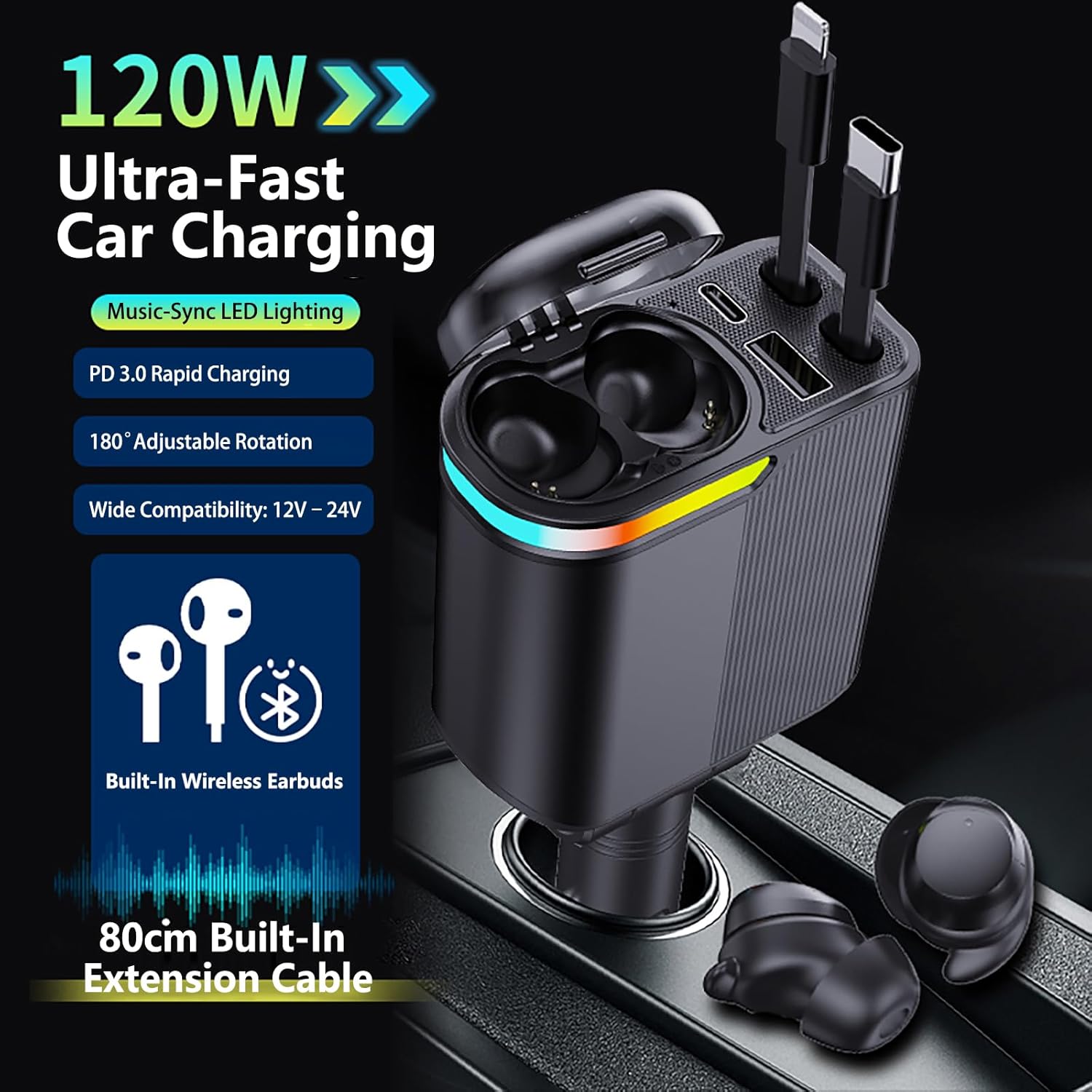MLVOC 120W fast car charger with retractable 4-in-1 cable & wireless earbuds for commuters