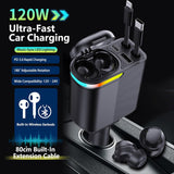 MLVOC 120W Fast Charging Car Charger with Earbuds, Retractable 4-in-1 USB-C & Lightning for iPhone & Android (Black) - ShopUS