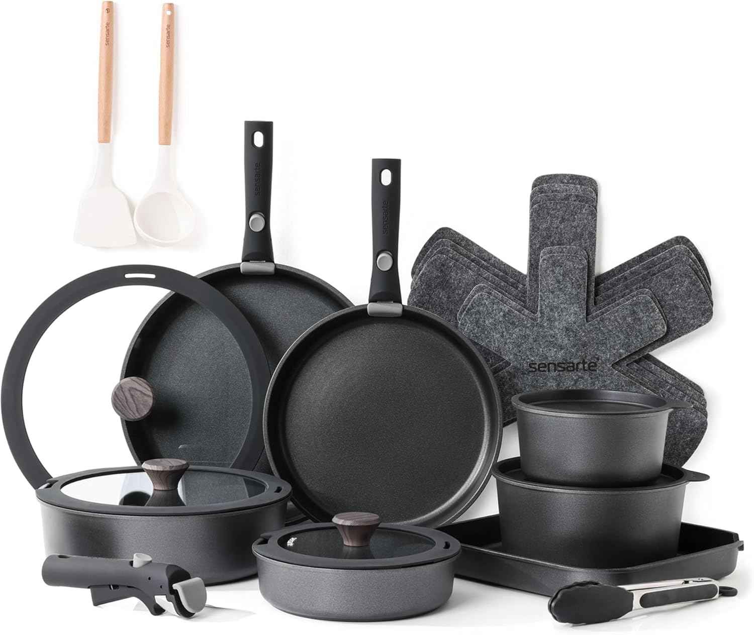 SENSARTE 24 Piece Pots and Pans Set, Nonstick Detachable Handle Cookware, Induction Kitchen Cookware Set with Removable Handle, Healthy Non Stick for RV, Dishwasher ＆ Oven Safe (White)