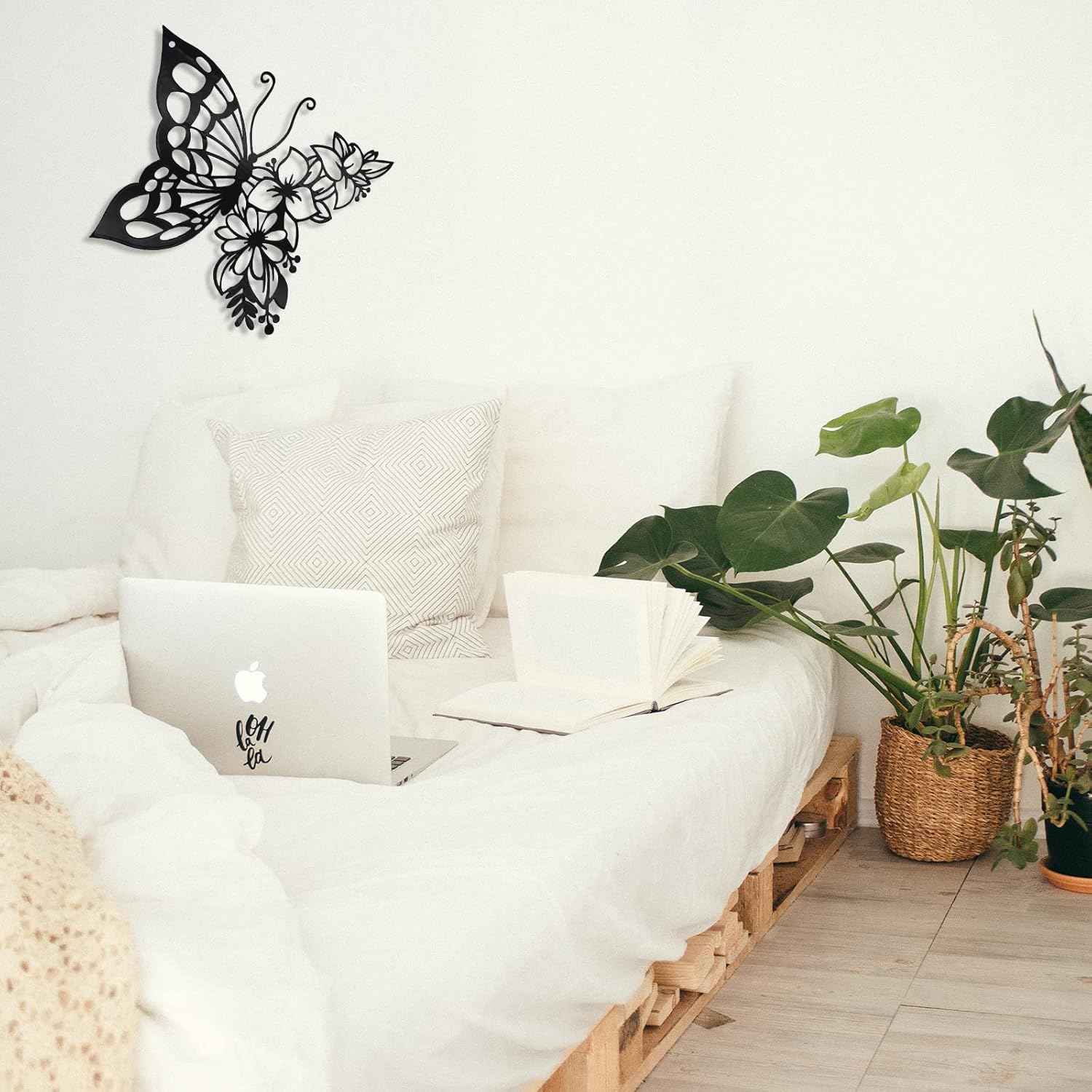 EZ4ENCE Butterfly Decoration Wall Art Boho Home Decor Hanging Appearance Metal Flower for Bedroom Living Room Wall,Black(Medium)