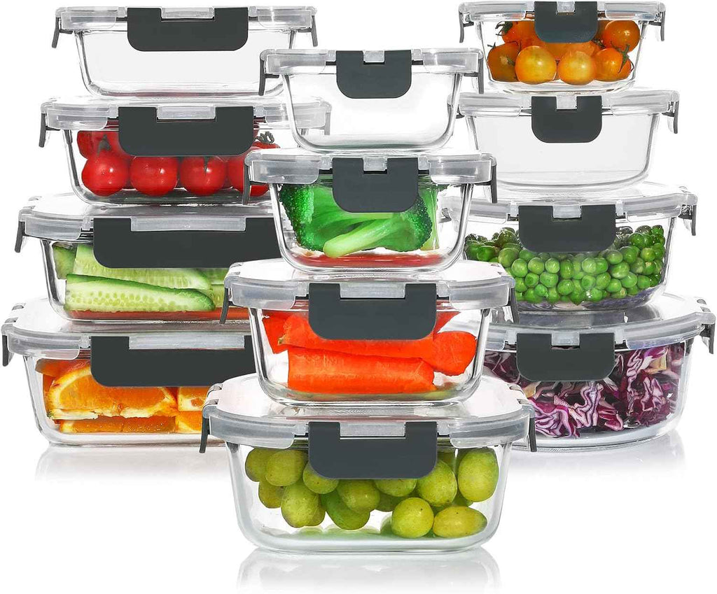 komuee 24-piece glass food storage containers set, meal prep containers, stackable airtight, microwave and oven safe