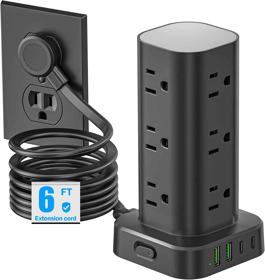 Tower Power Strips with Surge Protection, 6FT Flat Extension Cord with Multiple Outlets, 12 AC 4 USB Ports, Overload Protection Charging Station for Office Home Dorm Room Travel (White)