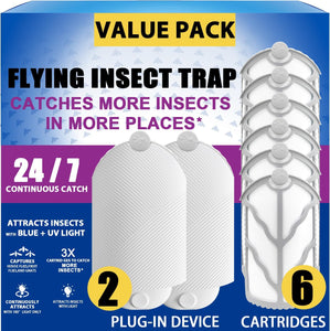 Flying Insect Trap for Indoor Use (2 Staters & 6 Refill Cartridges), UV Light Bug Catcher for Fruit Flies, Gnats & Small Flying Pests, Silent, No-Zap, Mess-Free