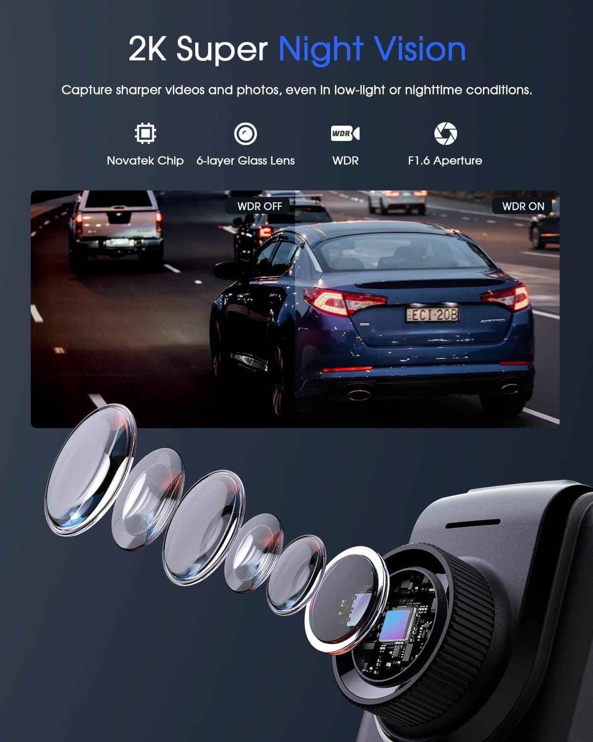 Avylet 2K WiFi dash cam with APP, External GPS, 1.5" IPS screen, WDR night vision, 24H parking monitor, loop recording, and G-sensor for cars
