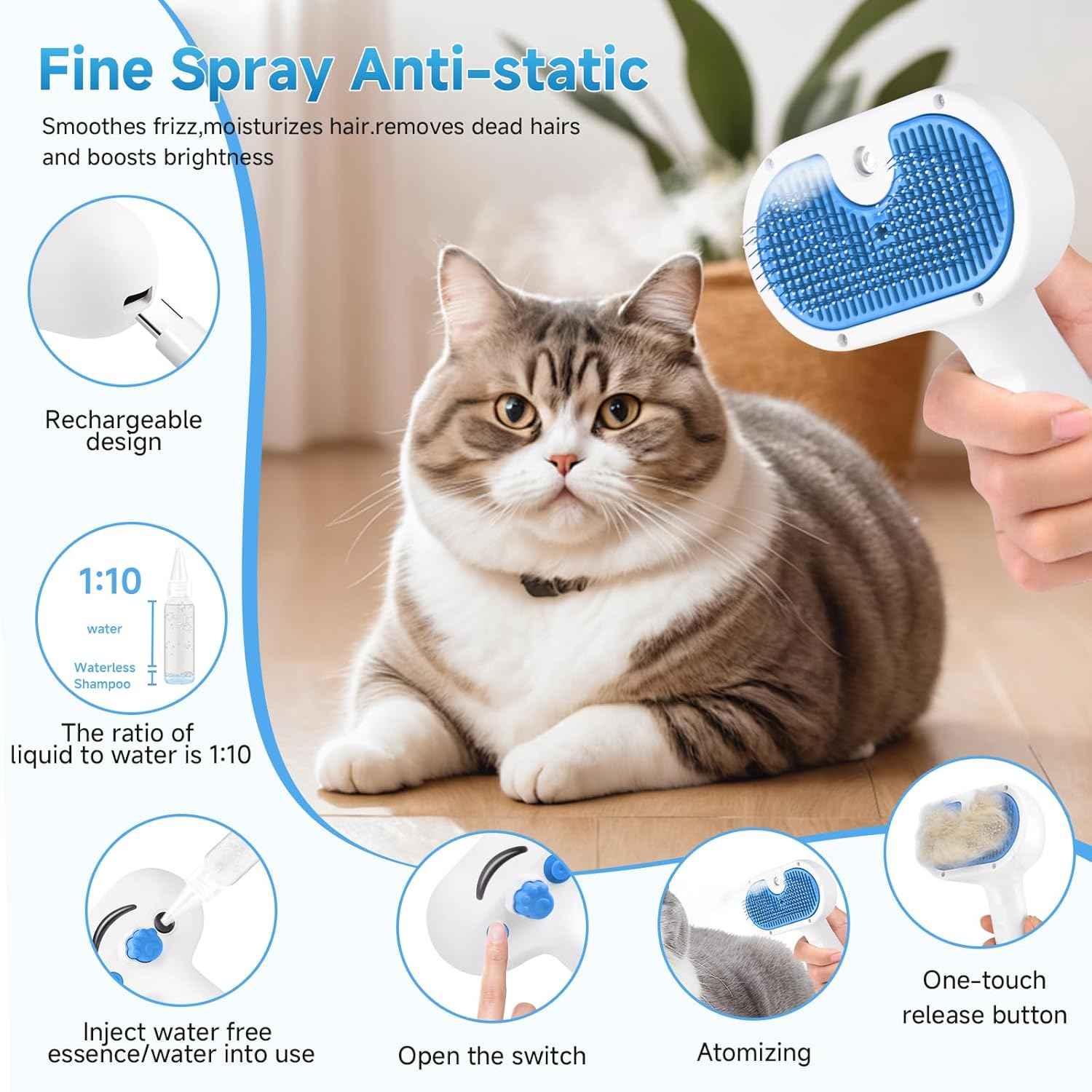 Pet Steam Brush for Dog & Cat - 3-in-1 Steam Grooming Brush for Shedding & Hair Removal - Self Cleaning Spray Comb with Mist for Long Haired Pets - Includes 1*Waterless Shampoo, Blue.