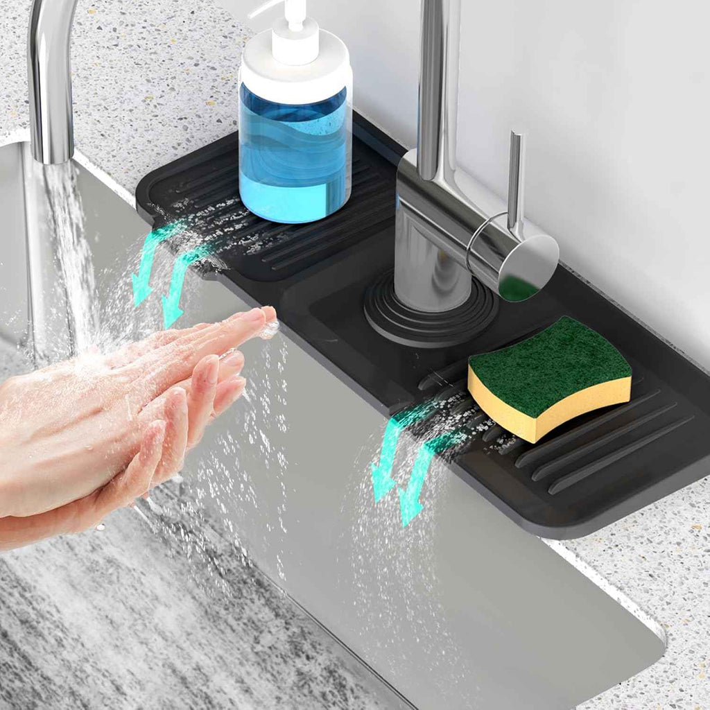 24 inch longer faucet mat for kitchen sink, 5° slope fast self-draining kitchen sink splash guard silicone