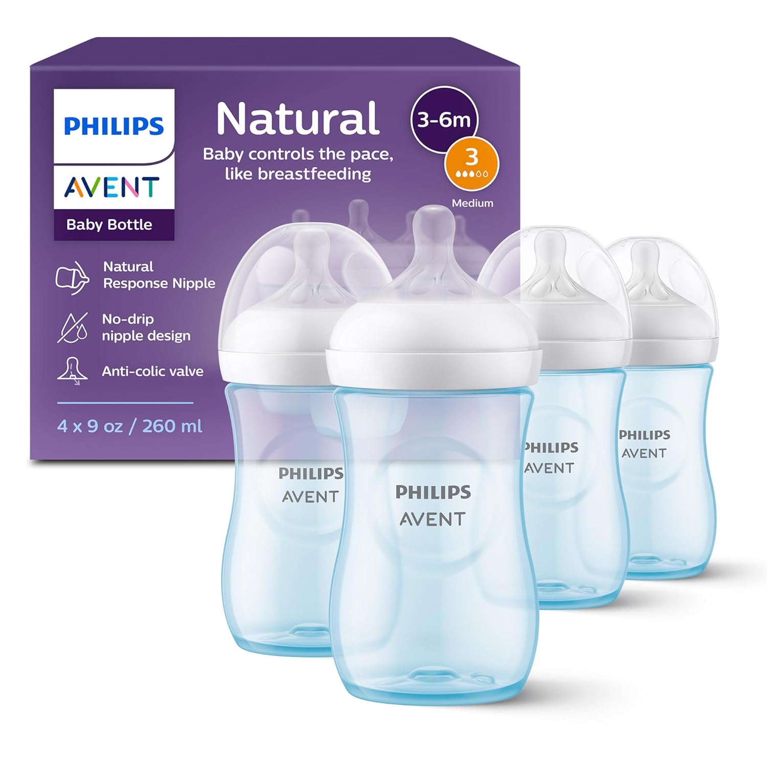 Philips Avent Natural Baby Bottles 4-Pack, Medium Flow, 9oz, SCY903/04, BPA-Free