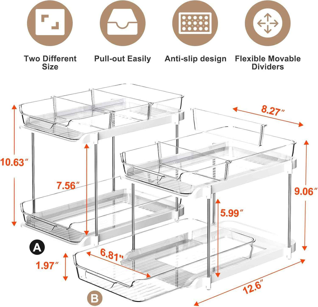 Delamu 2-Tier Bathroom Under Sink Organizer, Stackable Kitchen Pantry Organization, White, 2 Pack