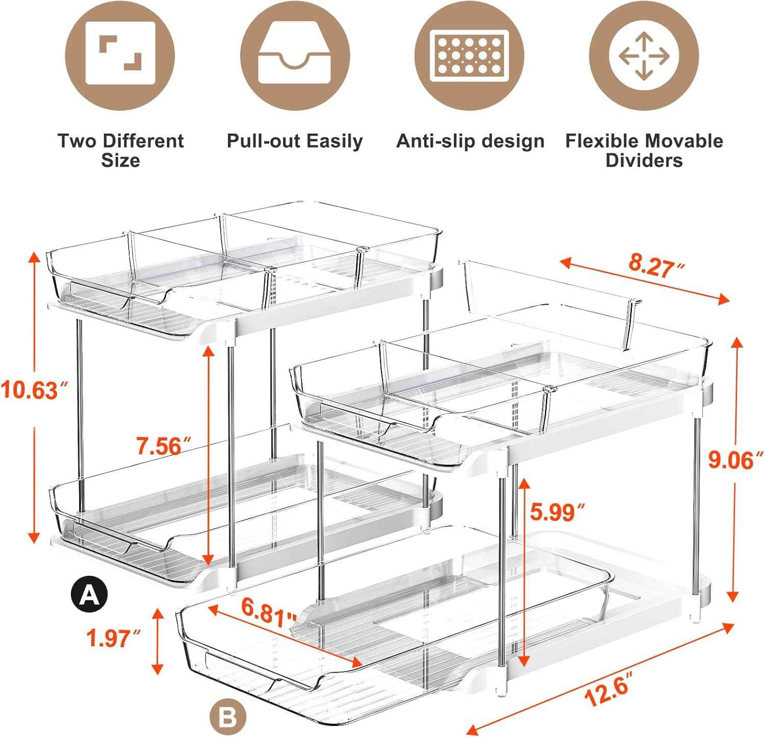 Delamu 2-Tier Bathroom Under Sink Organizer, Stackable Kitchen Pantry Organization, White, 2 Pack