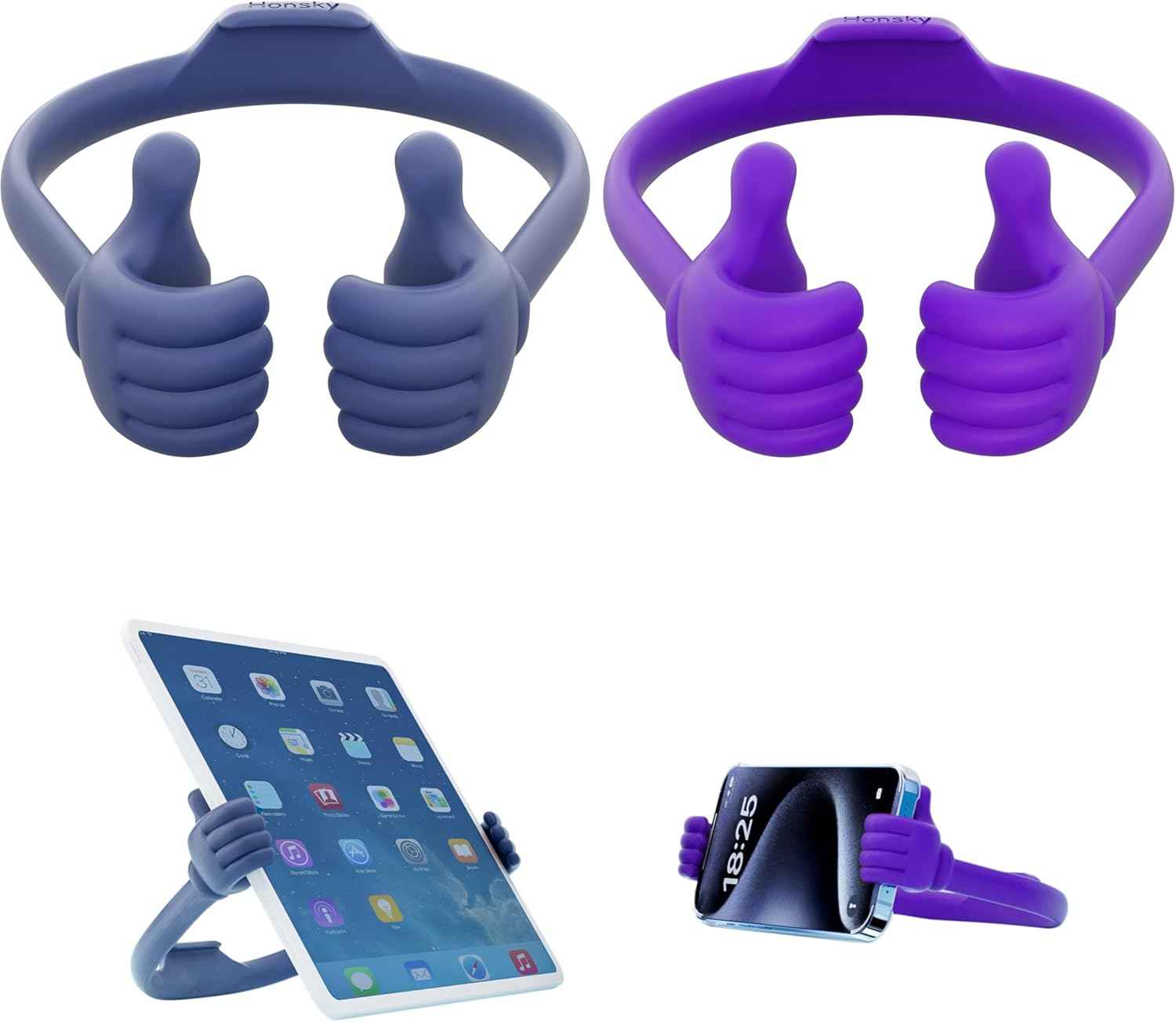 HONSKY Thumbs-Up Phone Stand for Tablets, E-Readers and Smart Phones – Green/Purple – 2 Count