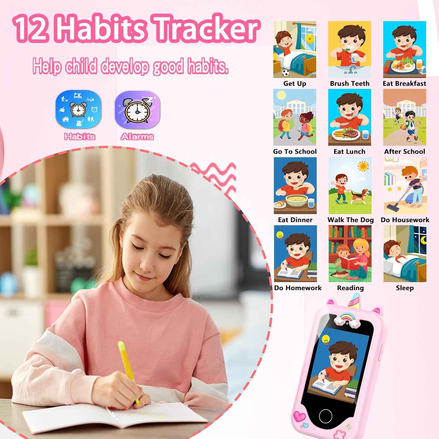 WEOLULI Kids Smart Phone with Dual Camera, Game & Music Player, Toddler Learning Play Toy Cell Phone, Gifts for Girls, Christmas, Birthday, Age 3-10, Light Pink