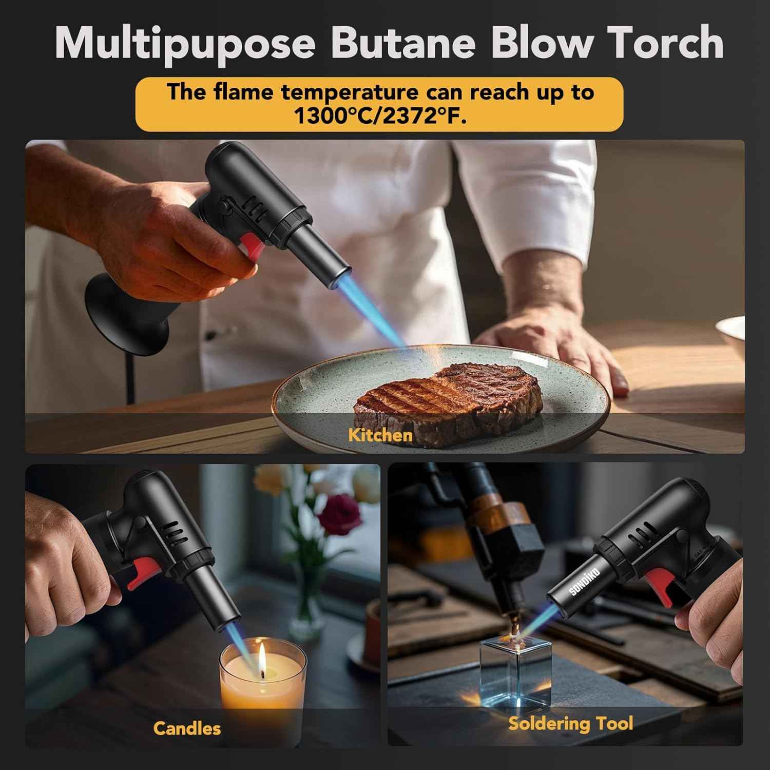 Sondiko Butane Torch Lighter with Fuel Gauge, Refillable Soldering Torch with Adjustable Flame for Welding, Resin Art, Industrial(Butane Gas Not Included)