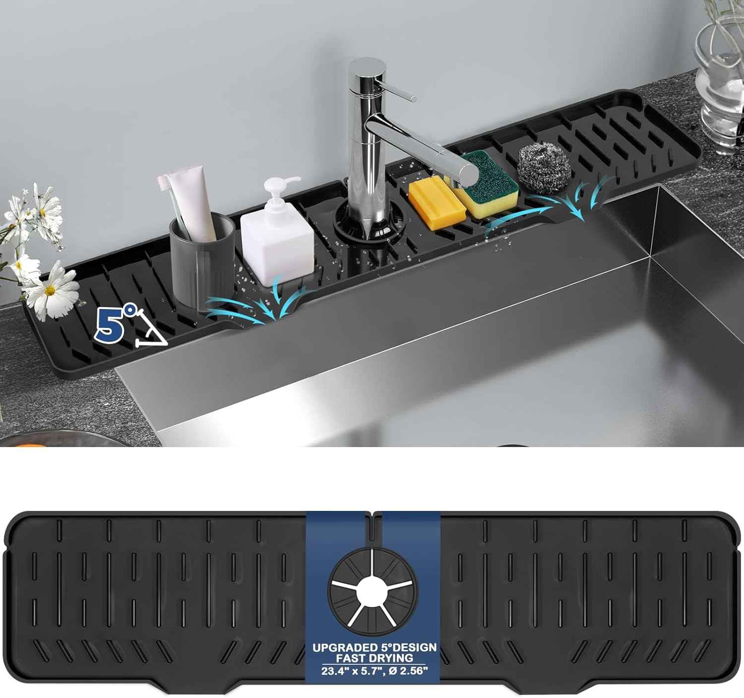 BFONS Silicone Faucet Handle Drip Catcher Drying Tray Mat Dish Soap Sponge Holder Accessories Gadgets for Kitchen Counter Bathroom Kitchen Sink Splash Guard -Grey