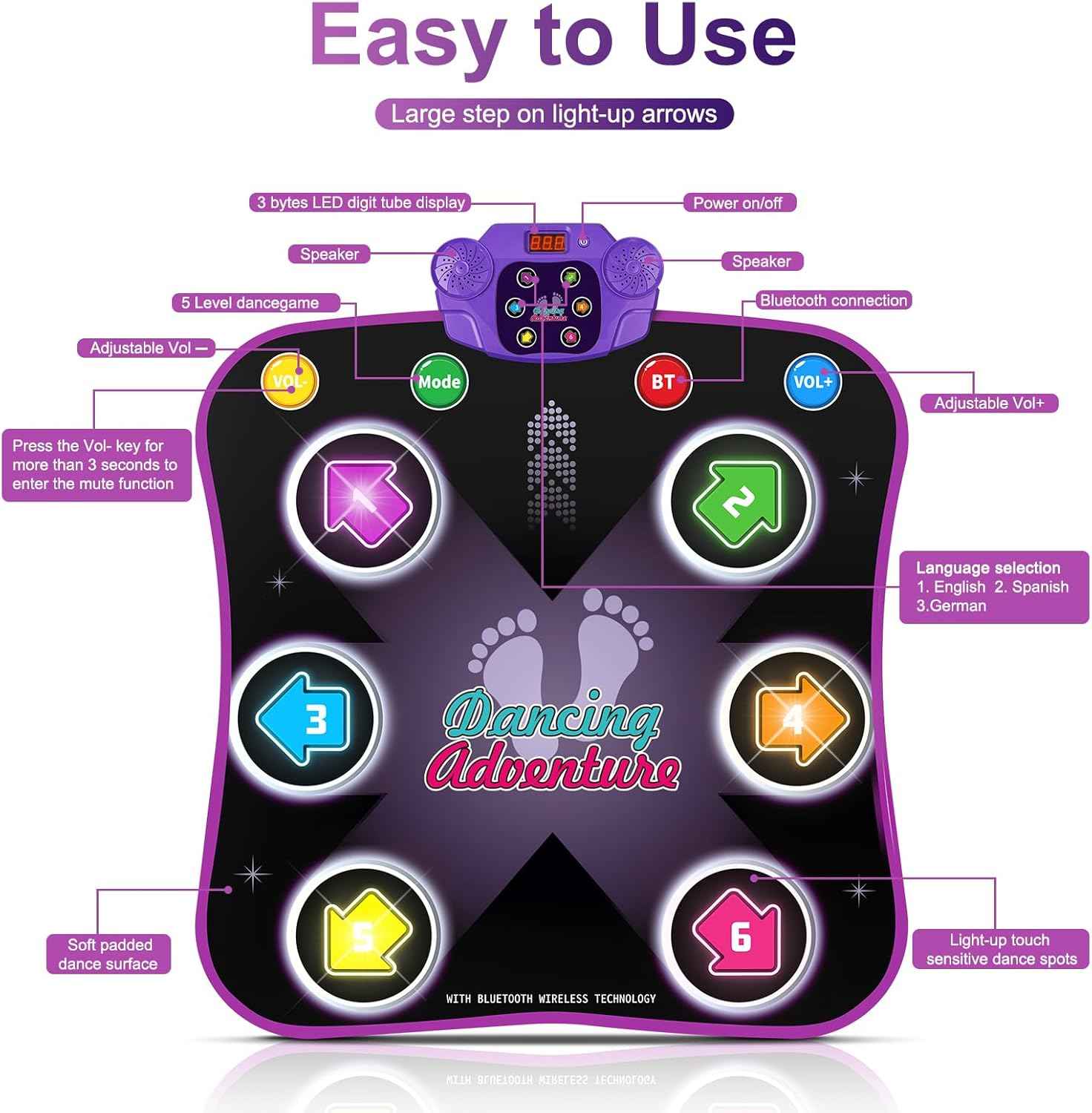 flooyes electronic dance pad for 3-12 year old kids with light-up 6-button wireless bluetooth music dance