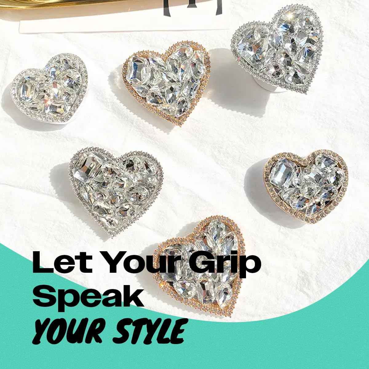 OnTheGrip Collapsible Expandible Diamond Heart Grip Stand Holder for Smartphone Tablet Silver Big