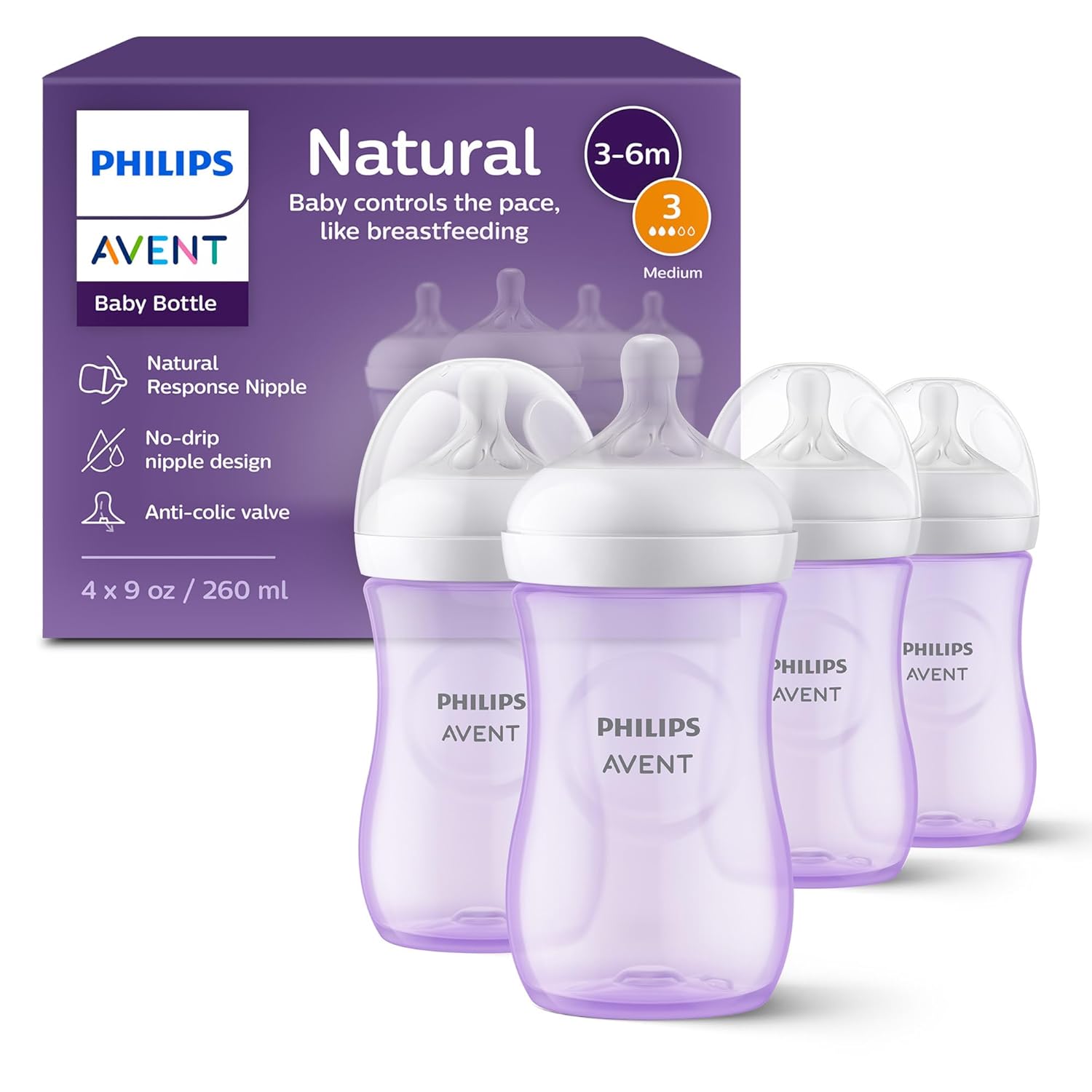 Philips Avent Natural Baby Bottles 4-Pack, Medium Flow, 9oz, SCY903/04, BPA-Free
