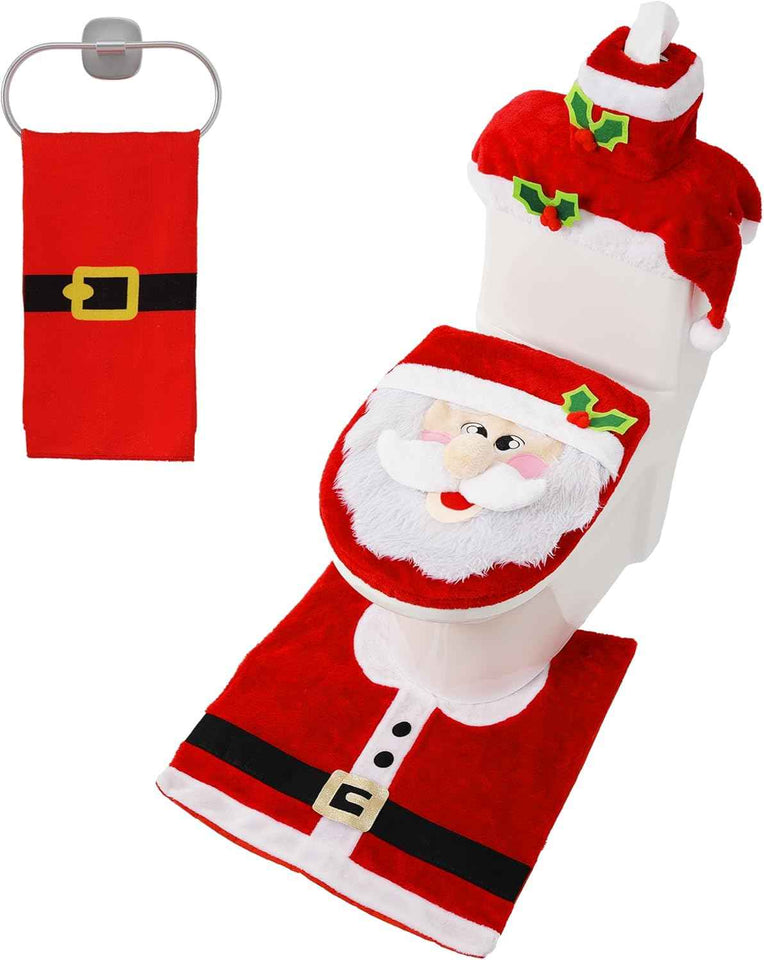 JOYIN 5 Pieces Christmas Theme Bathroom Decoration Set w/Toilet Seat Cover, Rugs, Tank Cover, Toilet Paper Box Cover and Santa Towel for Xmas Indoor Décor, Party Favors (Santa)