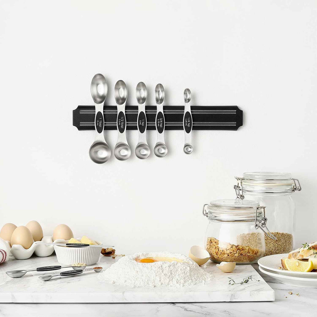 Spring Chef Stainless Steel Magnetic Measuring Spoons Set with Strong N45 Magnets, Heavy Duty Metal Kitchen Gadgets for Baking & Cooking, Fits in Most Kitchen Spice Jars, Set of 8 with Leveler, Black