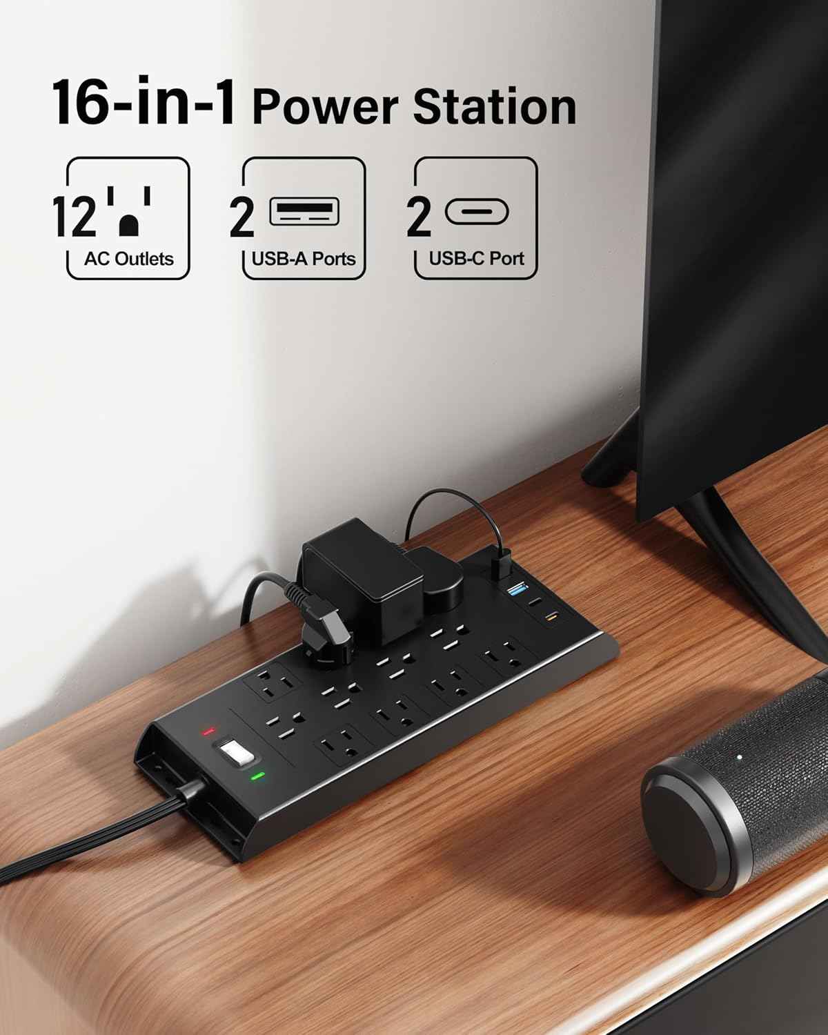 LeZone 10Ft Surge Protector Power Strip 4800J, Black, 12 Outlets, 2 USB C, 2 USB Ports, Wall Mountable