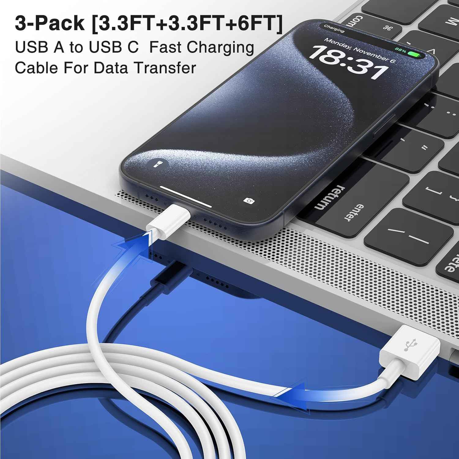 Apple CarPlay compatible cables, 3-pack: 3.3FT, 3.3FT, 6FT USB A to USB C for iPhone 17, 16, 15, iPad, MacBook