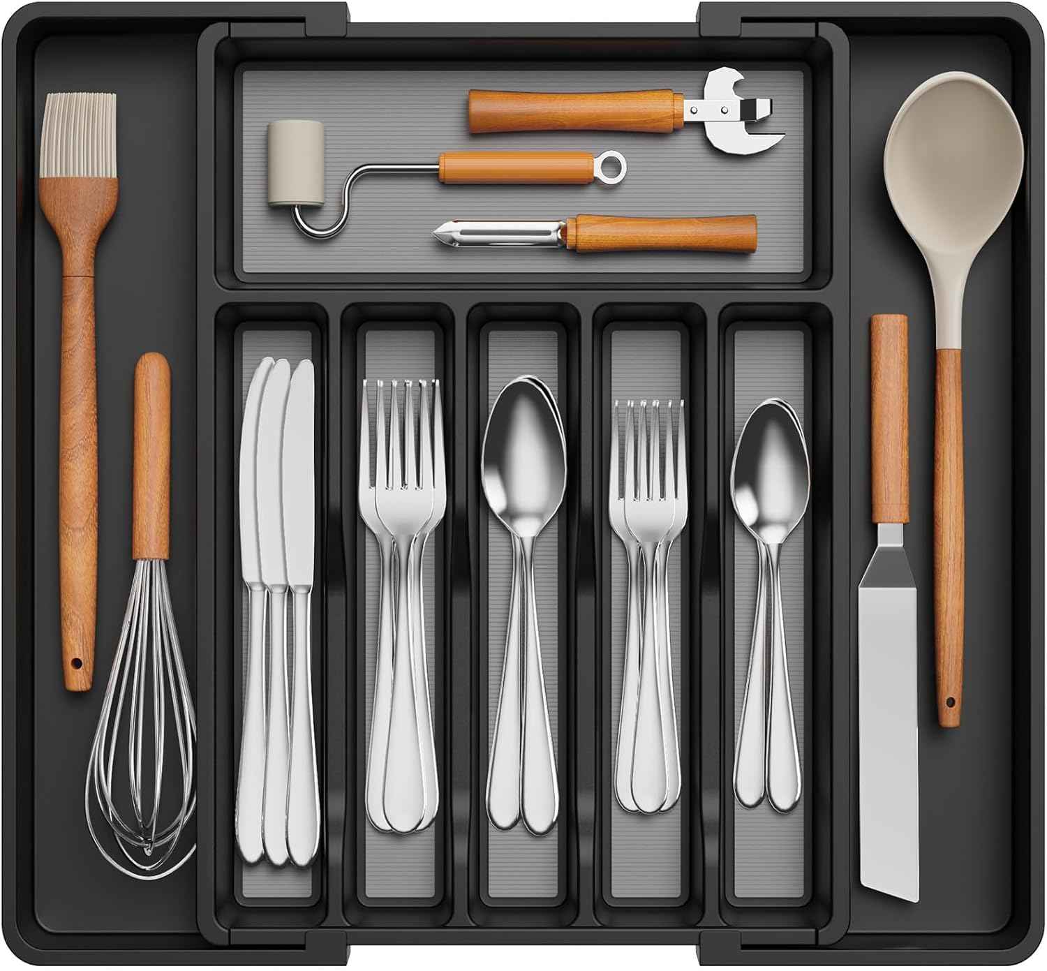 Lifewit Silverware Drawer Organizer, Expandable Utensil Tray for Kitchen, BPA Free Flatware and Cutlery Holder, Adjustable Plastic Storage for Spoons Forks Knives, 8.5-14 x 12", Black