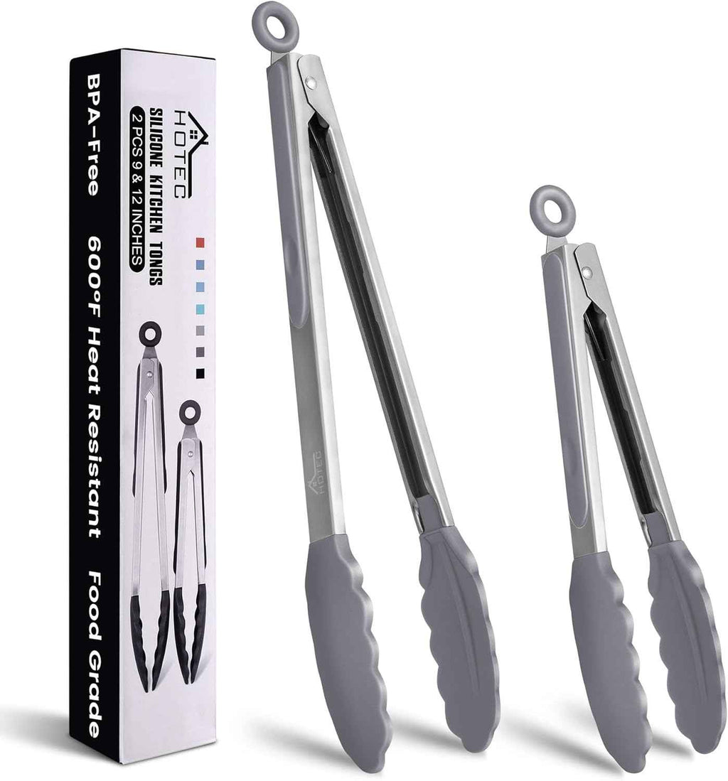 HOTEC Premium 7 & 9 Inch Kitchen Tongs, Stainless Steel Locking Cooking Tongs with Silicone Tips, Non-Scratch & Heat Resistant, Serving Tongs for Salad, BBQ, Classic Blue, Set of 2