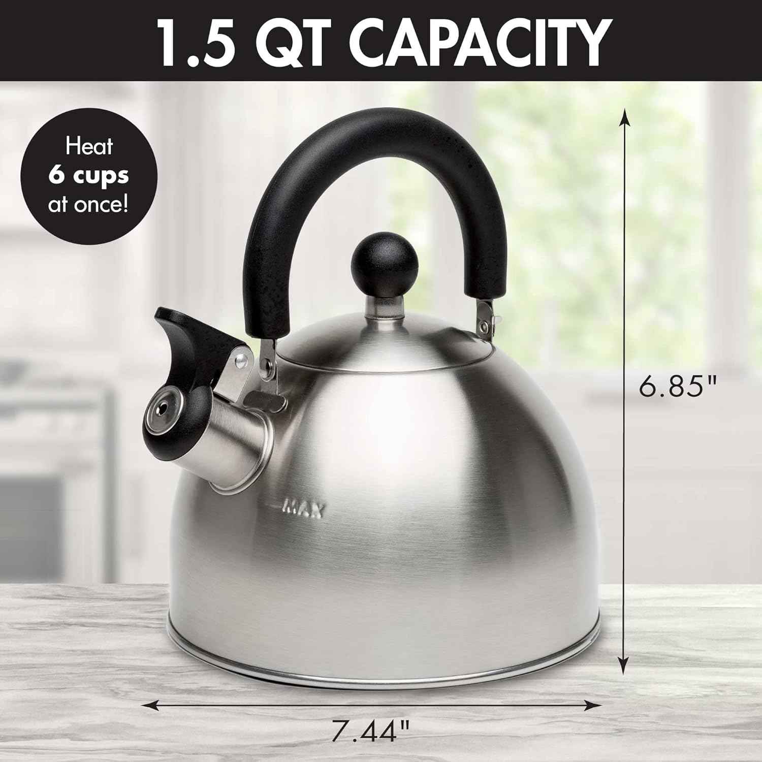 Primula Stewart Whistling Stovetop Tea Kettle, 1.5-Quart, Food Grade Stainless Steel, Hot Water Fast, Cool Touch Folding Handle, Black
