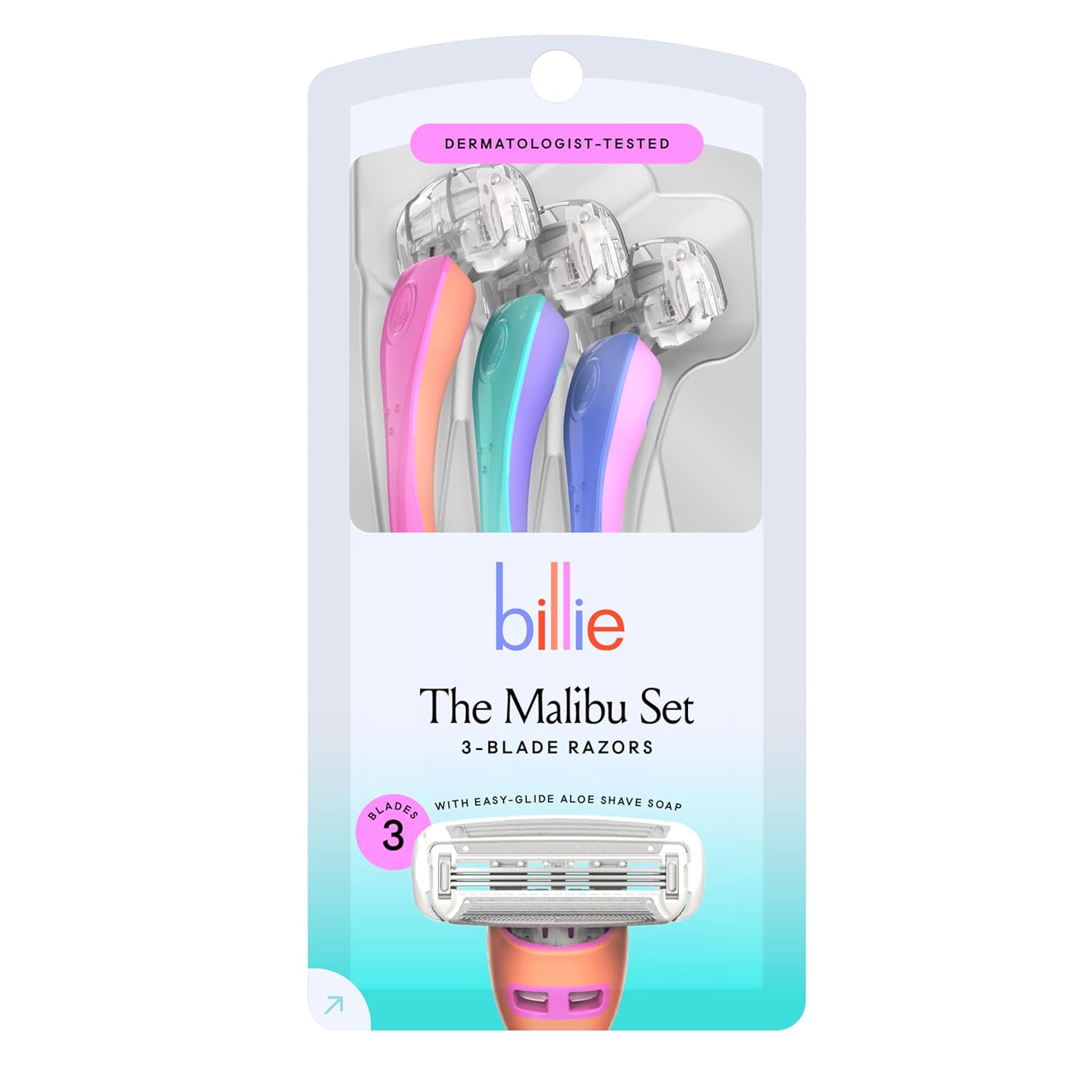 Billie 3-blade disposable razors for women - Malibu set, 3 razors, flexible head, aloe shave soap, matte rubber handle, travel ready