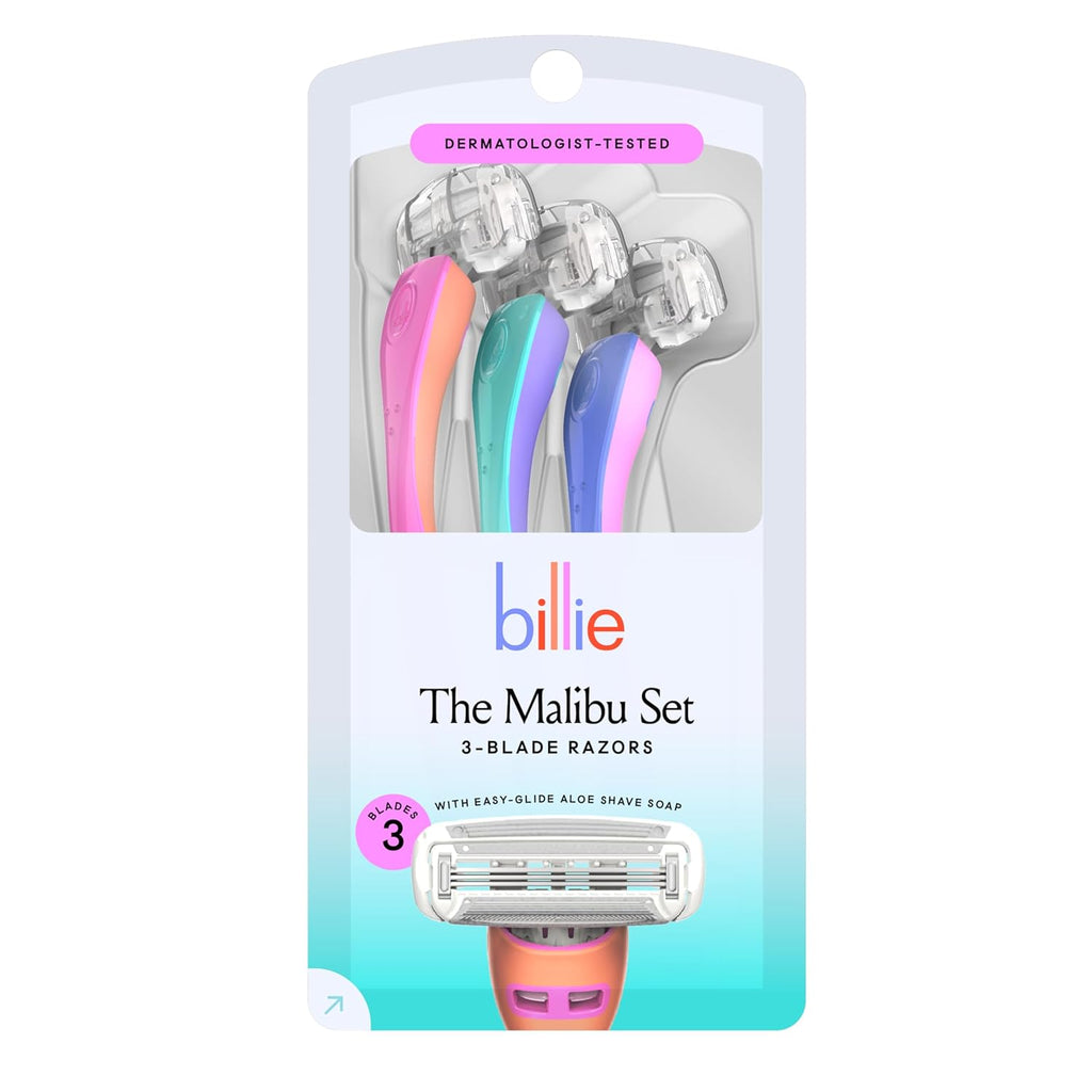 Billie 3-blade disposable razors for women - Malibu set, 3 razors, flexible head, aloe shave soap, matte rubber handle, travel ready