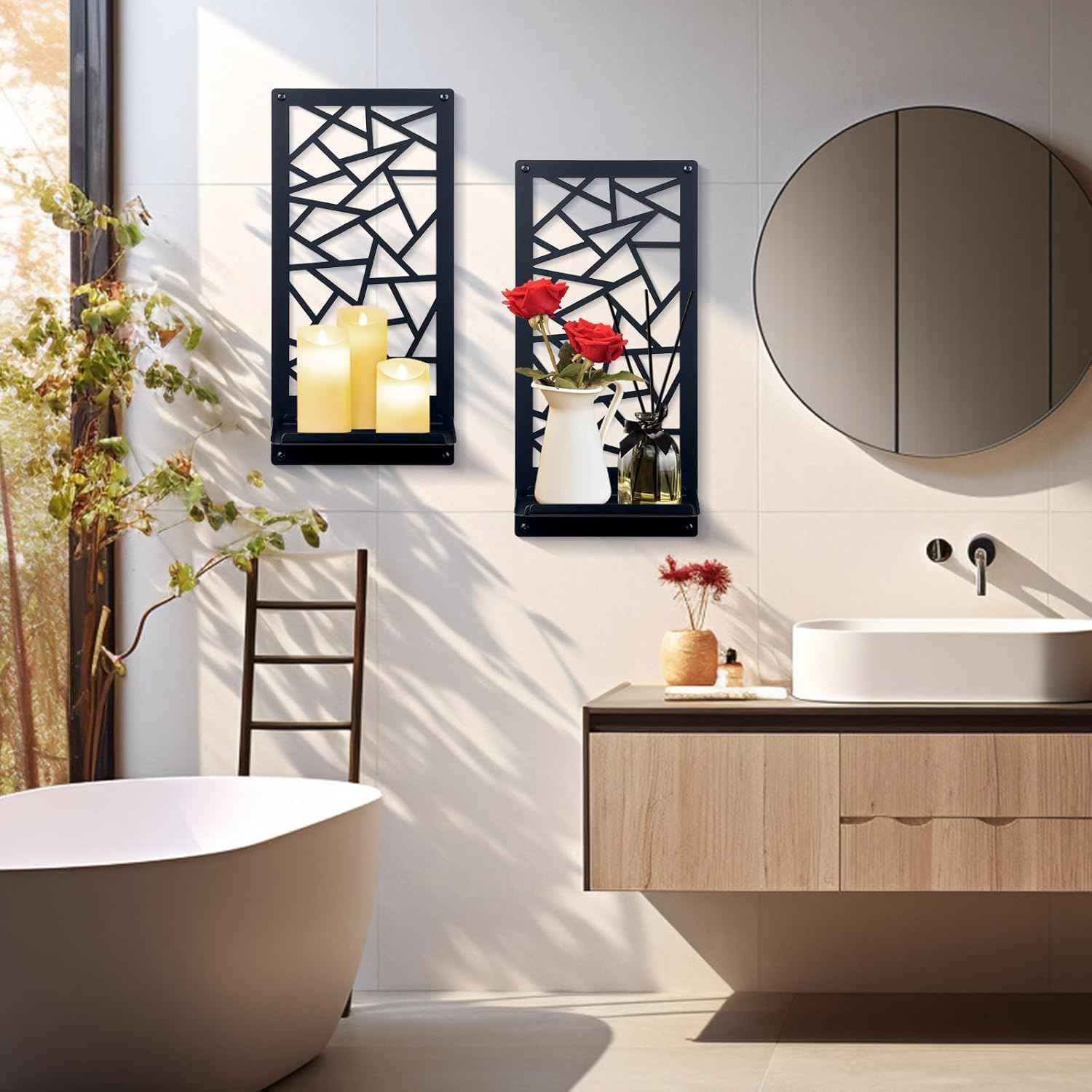 2Pcs Black Metal Wall Art Decor Farmhouse Black Candle Holder Minimalist Wall Art Retro Bathroom Decor Rustic Wall Decoration for Bathroom Living Room Bedroom (Farmhouse)