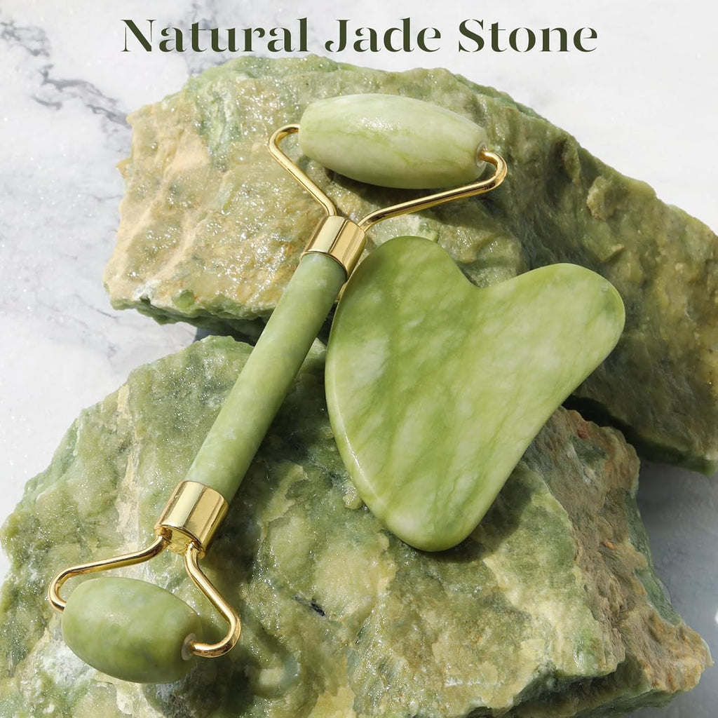 BAIMEI IcyMe Green Jade Gua Sha and Face Roller Set for Puffiness and Redness Reduction, Self Care Gift