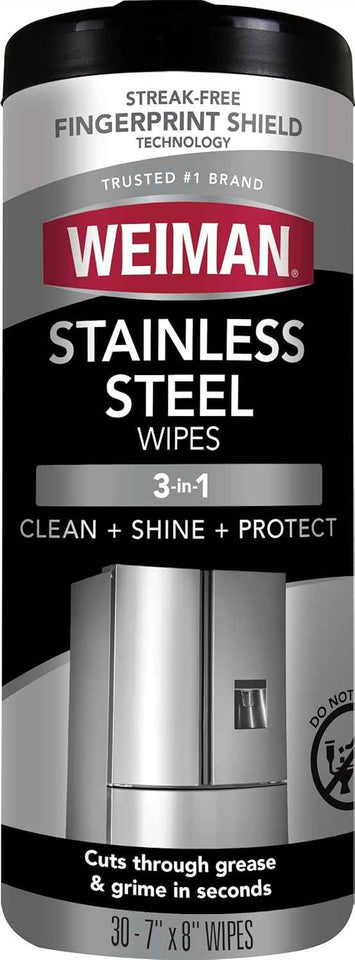 Weiman Stainless Steel Cleaner, 30 Count Cleaning Wipes, Removes Dirt, Grime, and Grease, No Streaks or Residue, Stainless Steel Polish for a Sparkling Clean and Shiny Surface, Cleaning Supplies